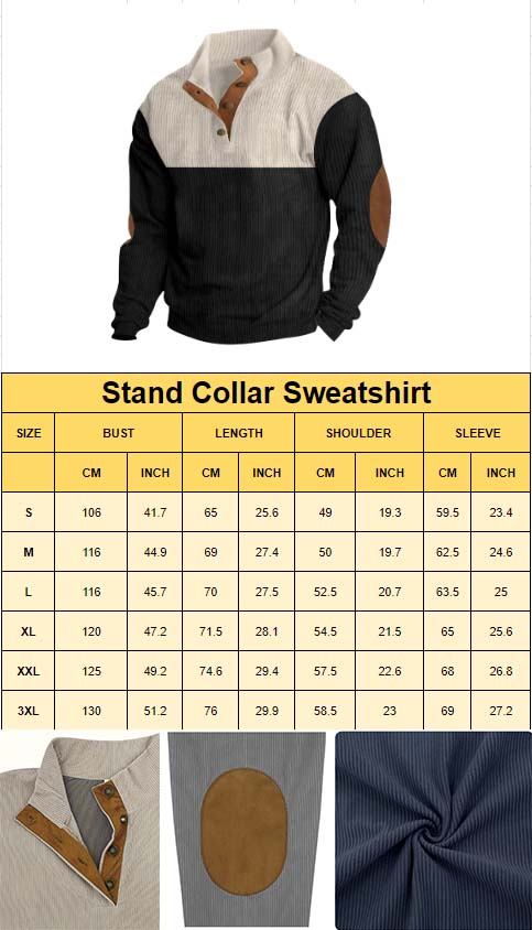 Stand Collar Sweatshirt Size Chart