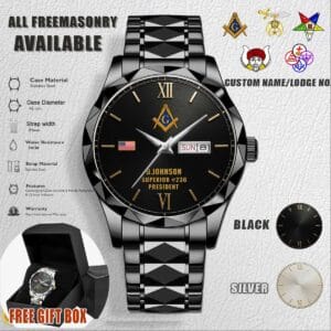 Custom Lodge Freemasonry US Flag Stainless Steel Watch 1 2