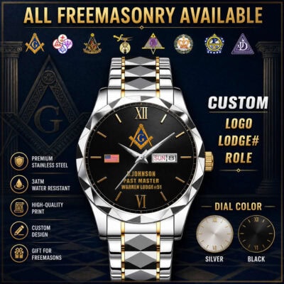 Freemasonry-themed watch with custom logo and lodge details.