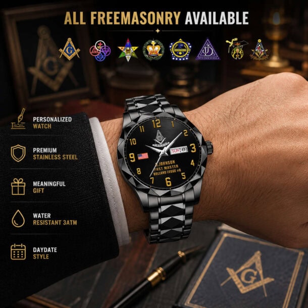 Freemasonry-themed men's watch with black band and gold accents.