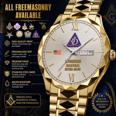 Luxury gold Freemasonry watch with logo, date, and day display.