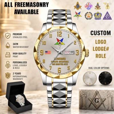 Freemasonry-themed men's watch with logo, date, and day display.