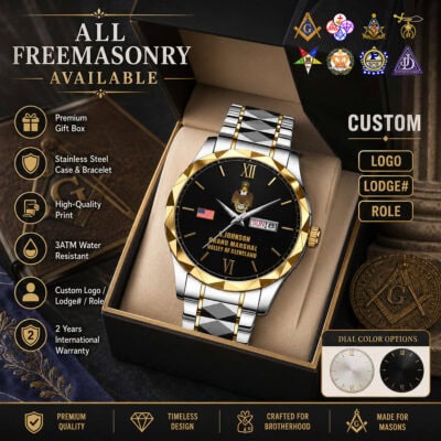 Freemasonry-themed watch with custom logo and lodge details in a gift box.