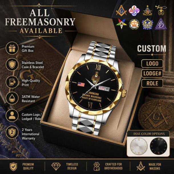 Freemasonry-themed watch with custom logo and lodge details in a gift box.