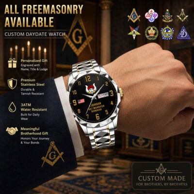 Freemasonry-themed custom daydate watch with Masonic symbols and personalized engraving.
