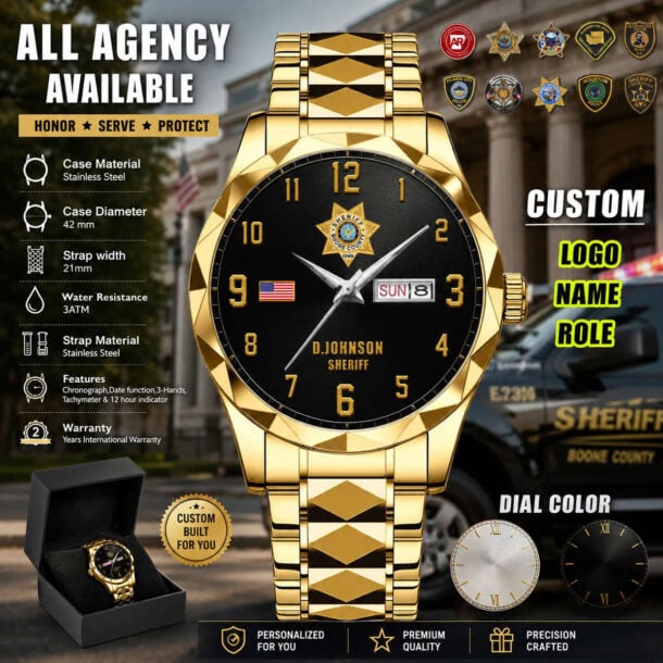 Luxury law enforcement themed watch with gold band and black dial for custom branding.