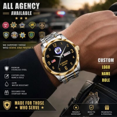 Police-themed custom watch with law enforcement badges and logo.