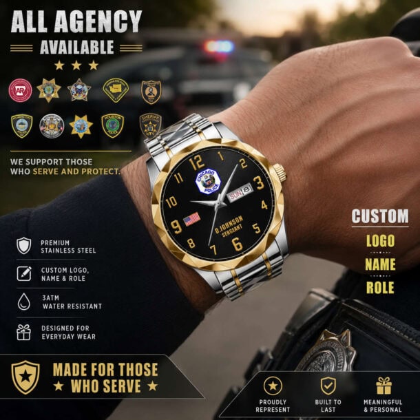 Police-themed custom watch with law enforcement badges and logo.