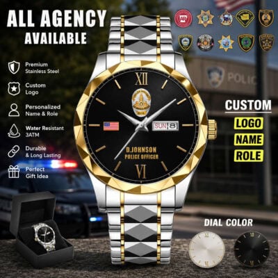 Luxury law enforcement themed watch with customizable logo and role.