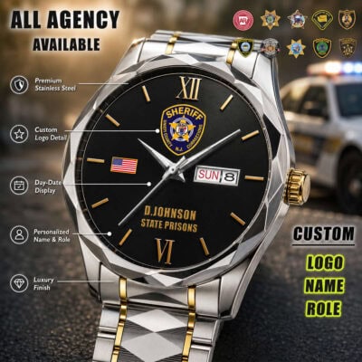Law enforcement watch with sheriff badge, day-date display, and customizable logo.