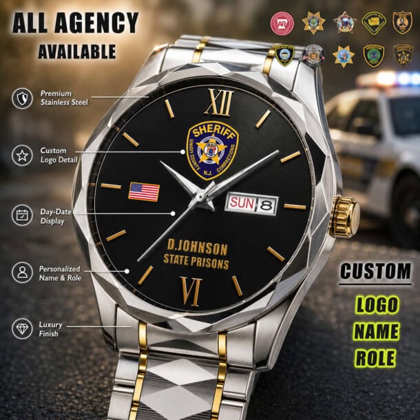 Law enforcement watch with sheriff badge, day-date display, and customizable logo.