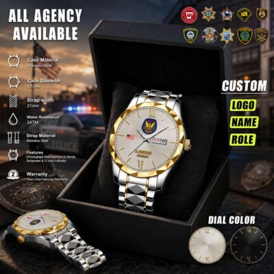 Law enforcement themed watch with customizable logo and role for gifts.
