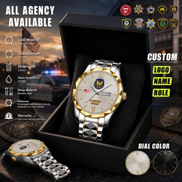Law enforcement themed watch with customizable logo and role for gifts.