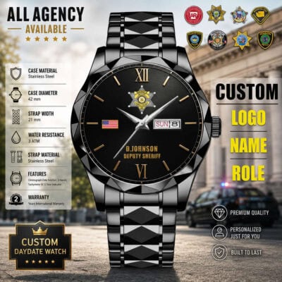 Luxury law enforcement themed watch with custom logo and role display.