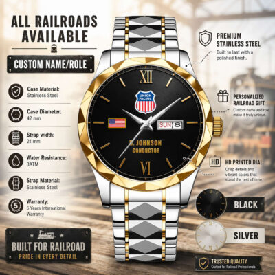 Railroad-themed men's watch with stainless steel band and black dial.