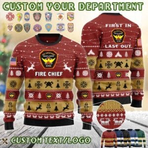 Custom US FireFighter First In Last Out Ugly Sweater 1 1