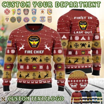 Custom US FireFighter First In Last Out Ugly Sweater 1 1