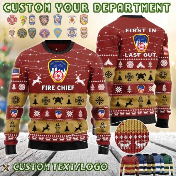 Custom US FireFighter First In Last Out Ugly Sweater 1