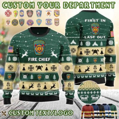 Custom US FireFighter First In Last Out Ugly Sweater 2