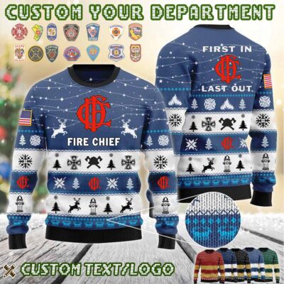 Custom US FireFighter First In Last Out Ugly Sweater 3