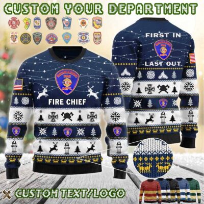 Custom US FireFighter First In Last Out Ugly Sweater 5