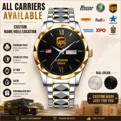 Custom US Carriers Daydate Watch with UPS logo and stainless steel band.