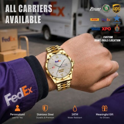 Luxury gold watch with FedEx logo on wrist, delivery trucks in background.