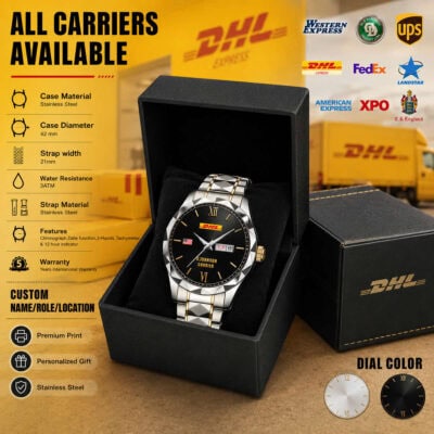 Luxury delivery-themed watch with stainless steel band and black dial, perfect for logistics lovers.