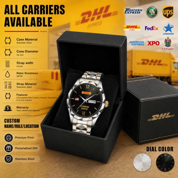 Luxury delivery-themed watch with stainless steel band and black dial, perfect for logistics lovers.