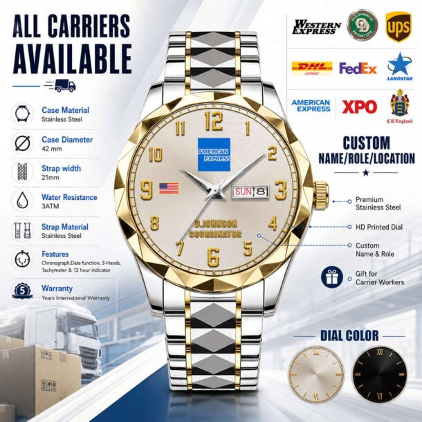 Luxury US carriers themed watch with stainless steel band and customizable features.