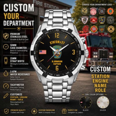 Firefighter-themed tachymeter watch with customizable station and role display.