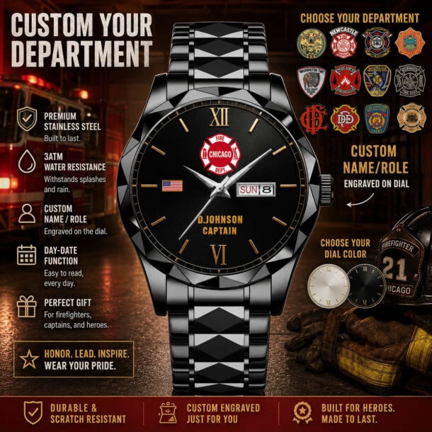 Firefighter-themed watch with custom engraving and department options.
