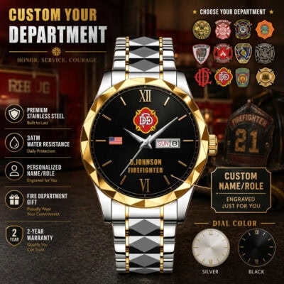 Firefighter themed watch with personalized name and role, stainless steel, water resistant, and dial.