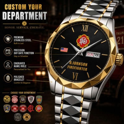 Firefighter-themed custom watch with stainless steel band and engraved role.