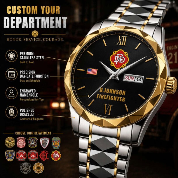 Firefighter-themed custom watch with stainless steel band and engraved role.