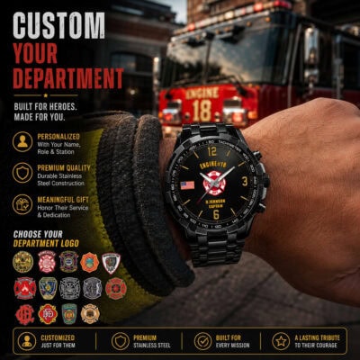 Firefighter watch with tachymeter and department logo on wrist.