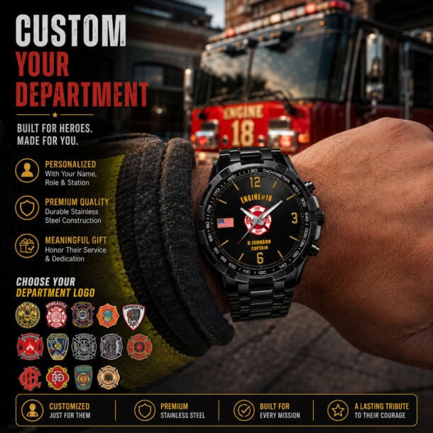 Firefighter watch with tachymeter and department logo on wrist.
