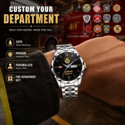 Firefighter-themed custom Daydate watch with personalized engraving and firefighter emblem.