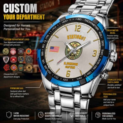 Firefighter-themed tachymeter watch with personalized department logo and durable stainless steel.