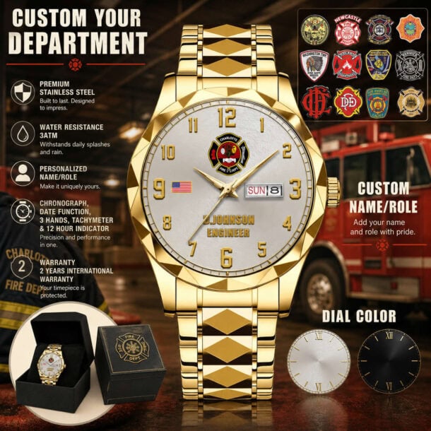 Luxury firefighter-themed watch with personalized engraving and dial options.