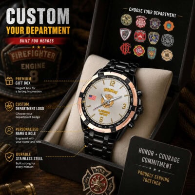 Firefighter-themed tachymeter watch with department logo and personalized badge.