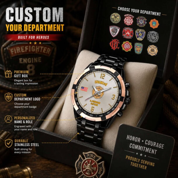 Firefighter-themed tachymeter watch with department logo and personalized badge.