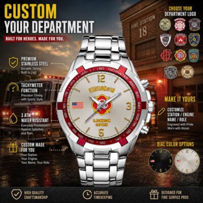 Custom firefighter watch with tachymeter and department logo options.