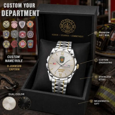 Firefighter-themed custom US Daydate watch with engraving and gift box.
