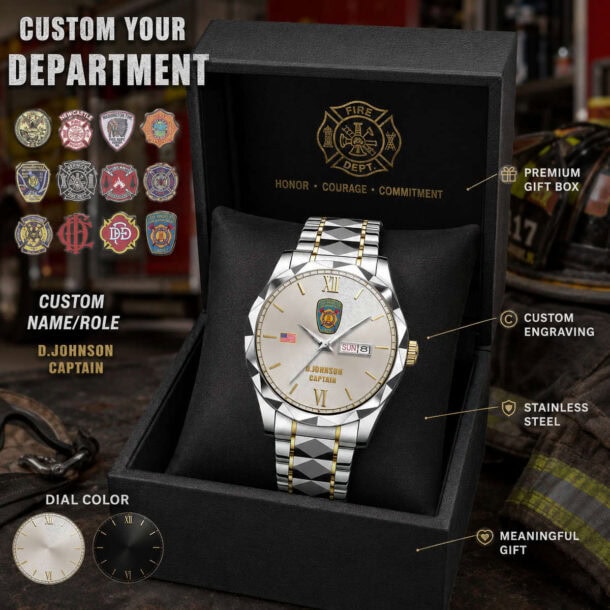 Firefighter-themed custom US Daydate watch with engraving and gift box.