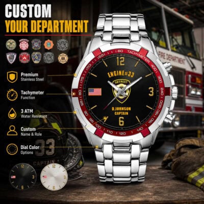 Firefighter-themed custom tachymeter watch with Detroit badge and American flag.