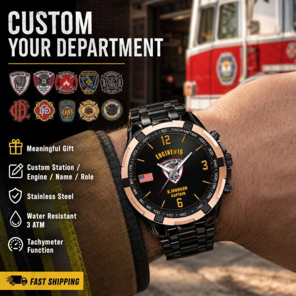 Firefighter watch with tachymeter and firefighter department badges.