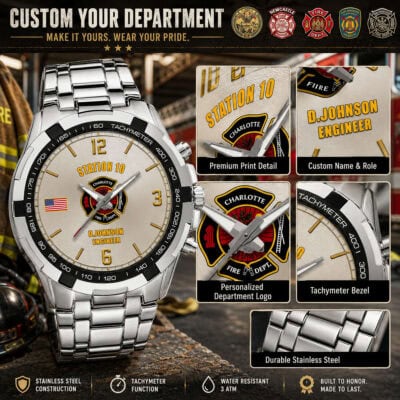 Firefighter-themed tachymeter watch with personalized logo and durable stainless steel.