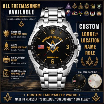 Freemasonry-themed custom tachymeter watch with lodge details and personalization options.