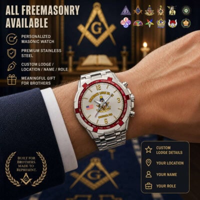 Luxury Freemasonry tachymeter watch with custom lodge details and stainless steel band.